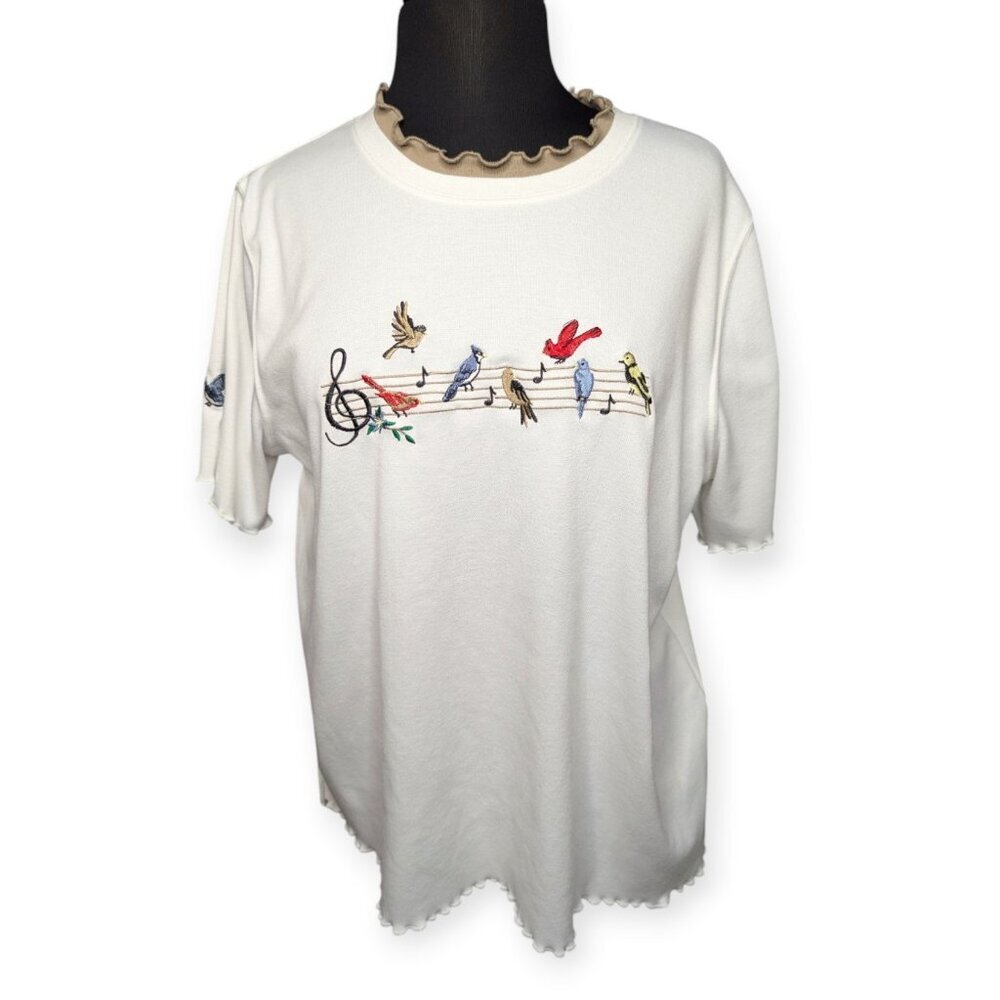 Bonworth Ruffle Sleeve & Hem White Tee with Colorful Bird Embroidery Size MP